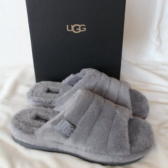NIB UGG MEN'S FLUFF SHEARLING SLIDE SLIPPERS GRAY - Picture 1 of 7